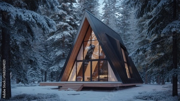 Fototapeta A modern aframe cabin nestled in a snowcovered forest, offering a peaceful winter getaway surrounded by nature and a serene atmosphere