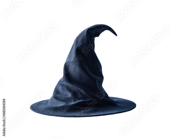 Fototapeta Dark, deep indigo wizard hat, sharply pointed crown, wide brim, rendered 3D style