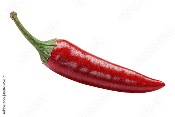 Fototapeta Single, vibrant red chili pepper, slightly curved, against a black background.  The pepper's skin is glossy, with visible ridges. A light green stem extends from the top