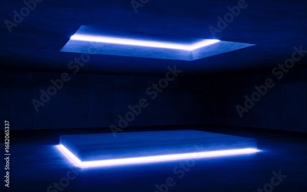Fototapeta Blue modern lighting with interior empty space, 3d rendering sci-fi concept