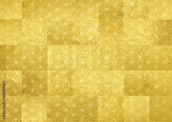 Fototapeta 和の背景素材。金色の和紙に日本の伝統的な和柄のテクスチャ。お正月、お歳暮、年賀状素材、麻の葉