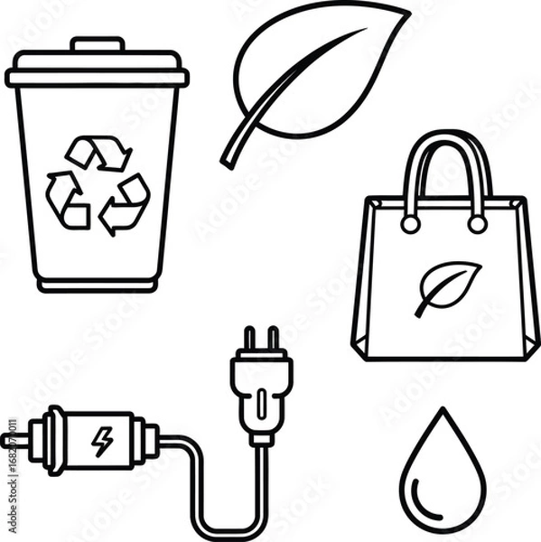 Fototapeta Ecology and Environmental Line Art Vector Illustration Set. Outline Icons of a Recycling Bin, Leaf, Eco Bag, Energy Plug, and Water Droplet. Green and Sustainable Design.