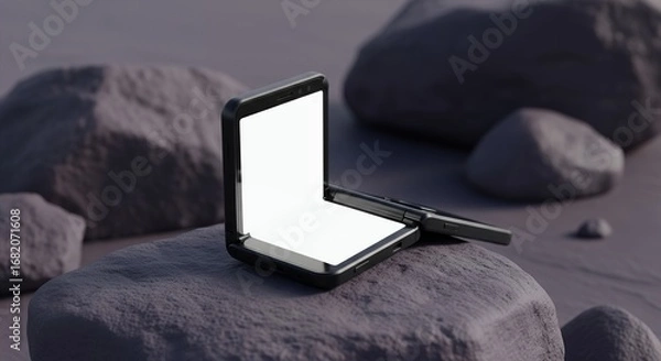 Fototapeta Foldable Phone Mockup on Rocks, Blank Screen, Technology Product Presentation