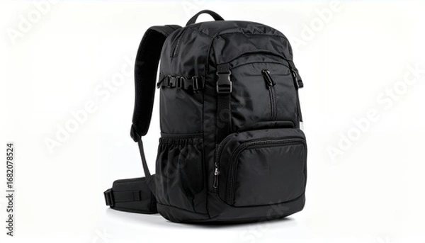 Fototapeta A black outdoor backpack with multiple compartments and adjustable straps, designed for hiking, travel, or daily use, shown on a white background.