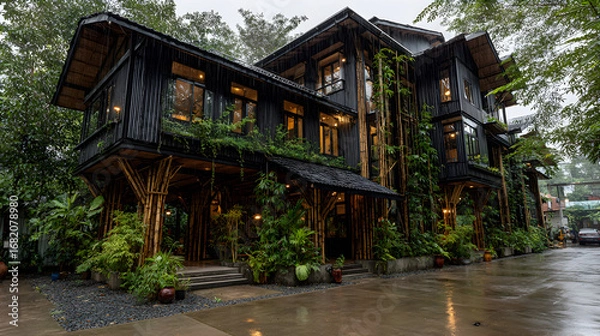 Fototapeta A dark-wood, multi-story house surrounded by lush green vegetation in the rain.