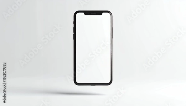 Fototapeta A modern smartphone with a black frame and a blank white screen, floating in the air.