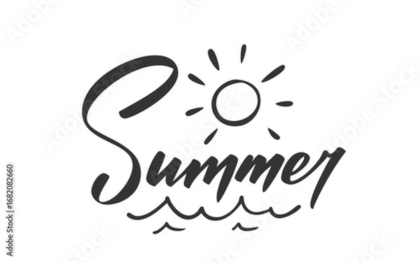 Obraz Summer lettering. Handwritten text by black ink, shining sun above curved sea waves below bright sunlight rays. Ocean ripple silhouette minimal sketch. Seasonal vibe tropical heat beach weather mood