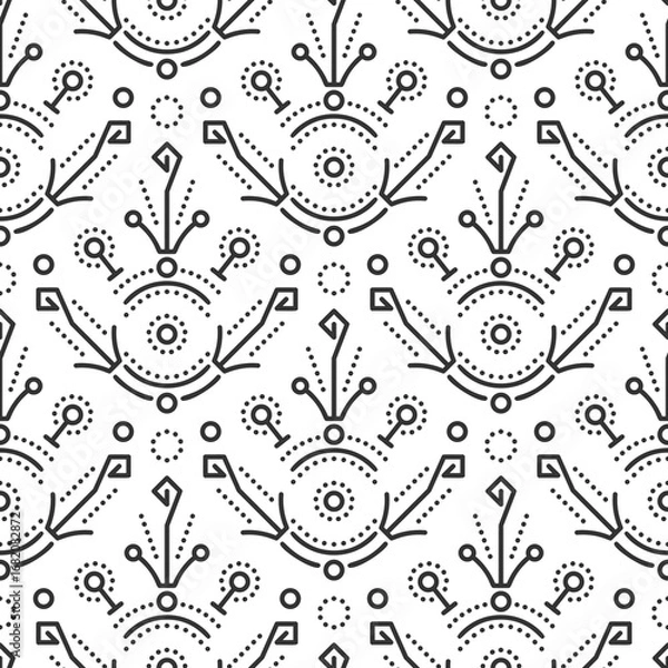 Obraz Seamless geometric pattern. Elegant floral motifs, thin lines, and minimal decorative details. Modern monochrome background, luxury texture, and repeating ornament, circles, dots, symmetrical shapes