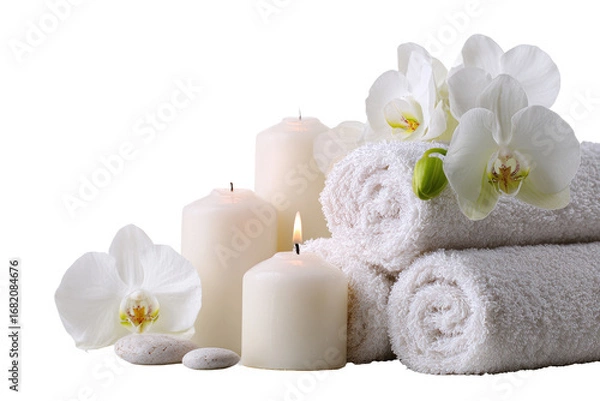 Fototapeta White candles, orchids, and towels in a spa setting