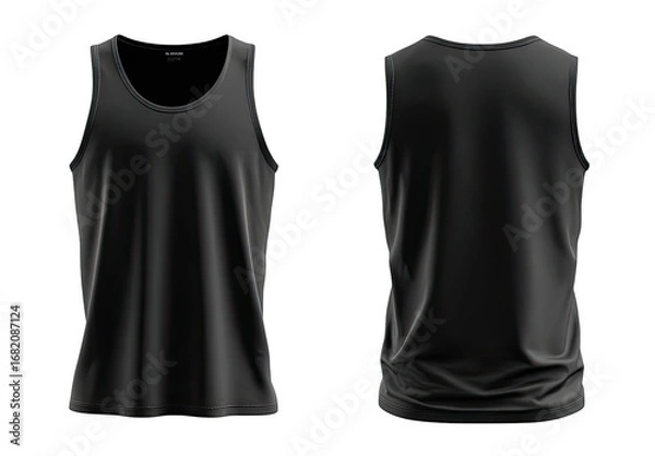 Fototapeta Front and back view of a black sleeveless top.  Sporty, simple design.  Flat lay, digital rendering