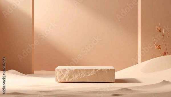Fototapeta A beige stone platform on a textured, dune-like surface, bathed in sunlight. Reeds grow nearby, and soft shadows add depth to the serene composition