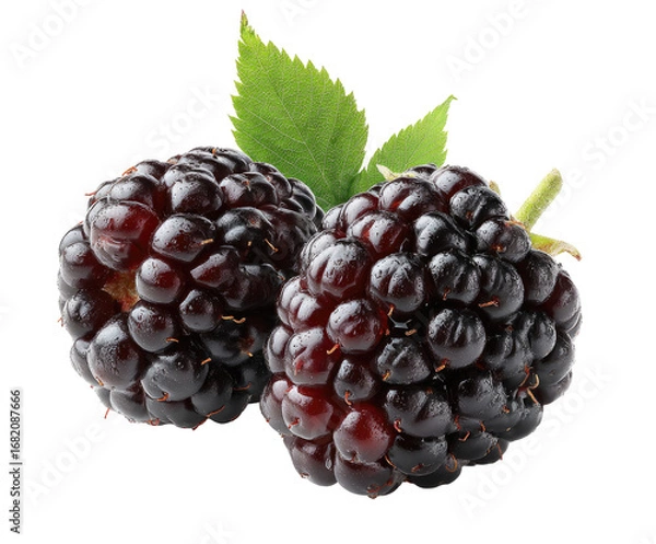 Fototapeta Close-up of two dark purple blackberries with green leaves