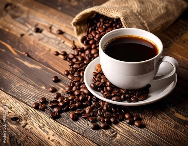 Obraz Coffee cup on rustic wooden table with beans