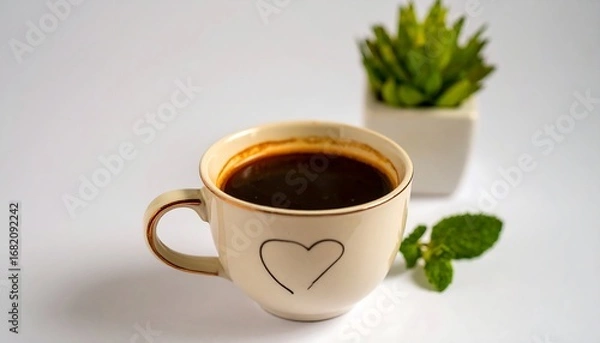 Obraz Coffee cup with heart design and mint