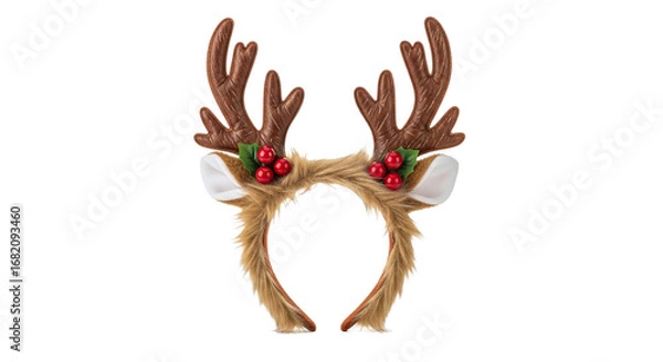 Fototapeta A reindeer headband with brown antlers, fluffy ears, red berries, and green leaves on a black background