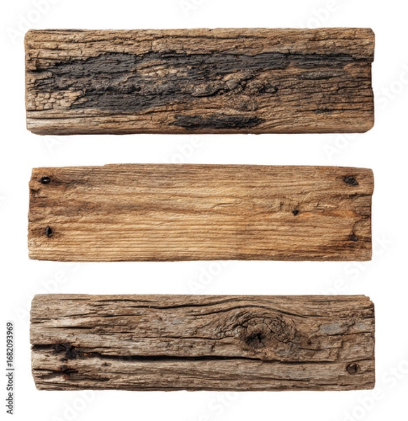 Fototapeta Three weathered wooden planks, stacked vertically.  Each plank exhibits varied textures and tones of brown and gray wood, showing signs of age and wear