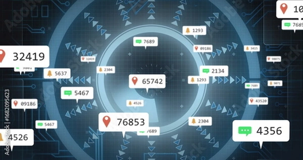 Fototapeta Floating central notification bubble rotating over tech dashboard, with pin, chat and bell icons