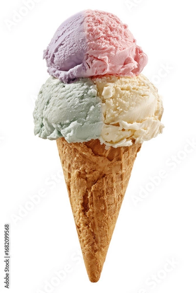 Fototapeta Two scoops of colorful ice cream on a waffle cone