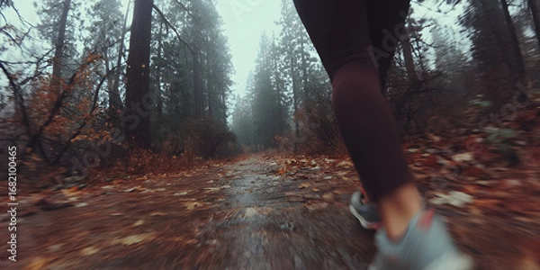 Fototapeta Jogger in Motion Through a Lush Forest Trail