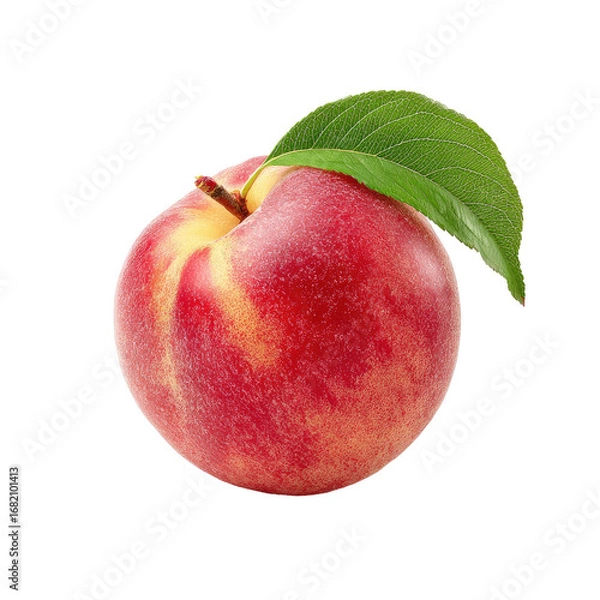 Fototapeta Close-up of a vibrant, round peach with a green leaf.  The peach displays a gradient of red and yellow hues, and a stem is visible