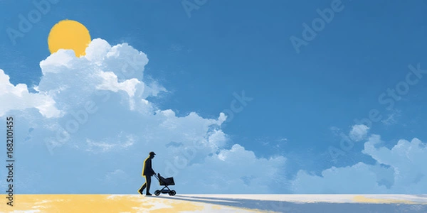 Fototapeta Cheerful Parent Pushing Stylish Stroller on Sunny Park Path