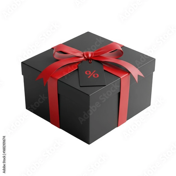 Fototapeta Black gift box with red ribbon isolated on transparent background