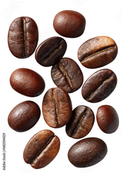 Fototapeta Roasted coffee beans, close-up, various shades of brown, oval shape, clustered