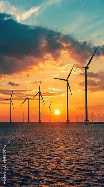 Fototapeta A group of wind turbines are in the ocean