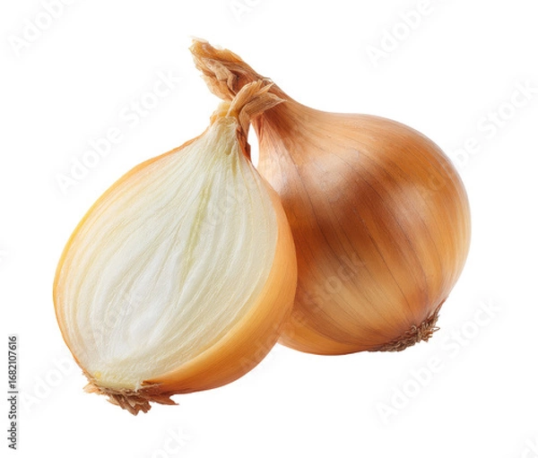 Fototapeta Two whole and halved onions, close-up.  Light tan/golden color,  showing layered internal structure.  Fresh, healthy appearance