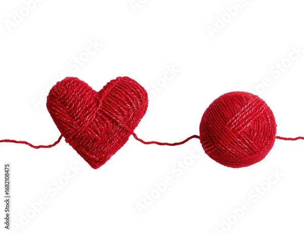 Fototapeta A red heart and ball of yarn connected by threads against a black background