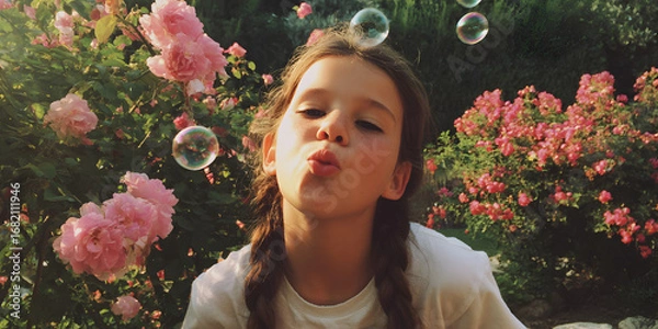 Fototapeta Joyful Girl Blowing Bubbles in a Vibrant Garden