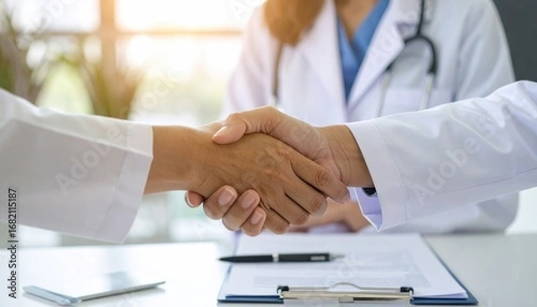Fototapeta Two doctors in white coats sealing a deal with a friendly handshake over a contract. A pen sits on the white desk in a sunlit office