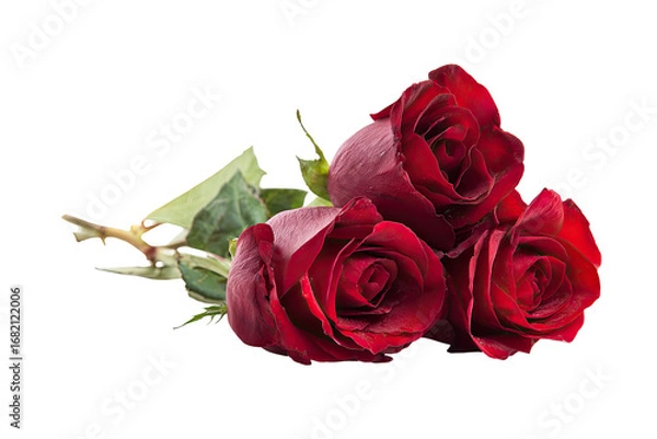 Fototapeta Three vibrant red roses, close-up,  on a dark background.  Deep crimson petals, lush and full.  Green foliage visible, stems slightly visible.  Isolated, displaying a romantic, elegant aesthetic