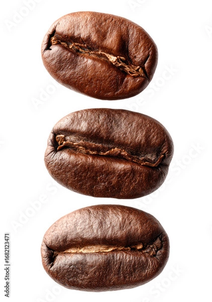 Fototapeta Close-up of three coffee beans, vertically stacked.  Dark brown, textured surfaces.  Visible ridges and lines