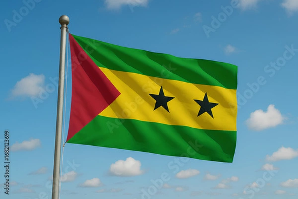 Fototapeta The São Tomé and Príncipe flag waves brightly under a vivid blue sky with soft clouds.