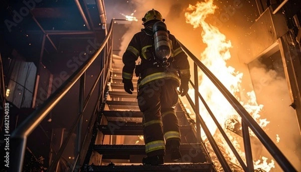 Fototapeta Firefighter heroically ascending metal stairs into a blazing inferno, carrying oxygen tank. Intense heat and smoke fill the scene