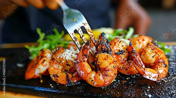 Obraz Grilled shrimp marinated in olive oil and lemon, served on black stone plate with fresh greens, creating delicious and vibrant dish