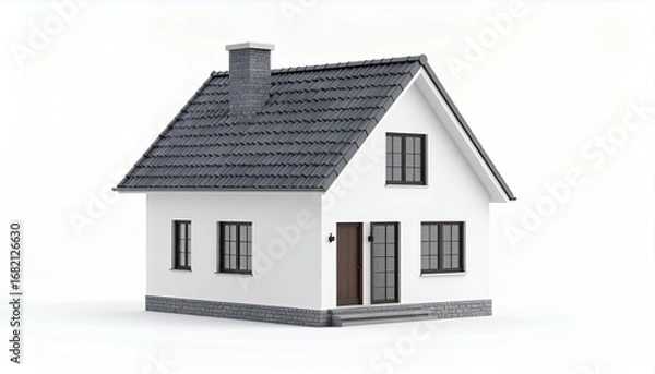 Fototapeta White house model with gray roof, showing architectural details.