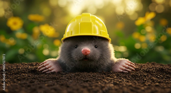 Fototapeta A very cute mole wearing a yellow construction hard hat peeking out of the ground with a blurred background of yellow flowers and green foliage creating a warm and inviting atmosphere