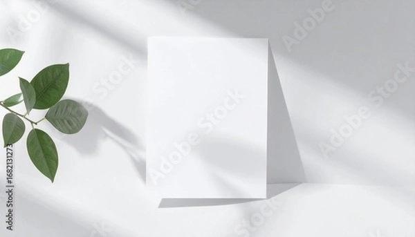 Fototapeta Blank Paper Mockup with Green Leaves and Shadows, Perfect for Design Presentation and Branding