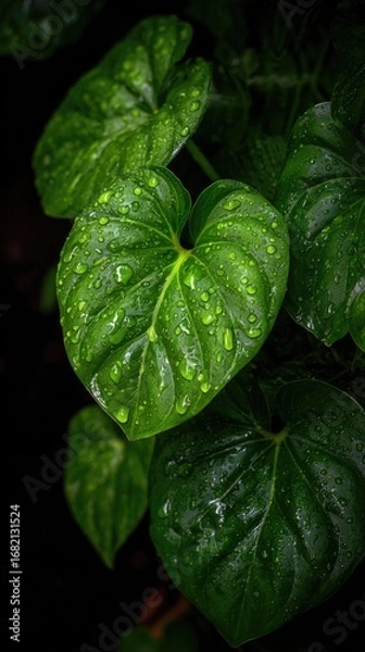 Fototapeta Close-up of lush, heart-shaped leaves glistening with raindrops, showcasing intricate details and deep emerald tones against a dark backdrop.