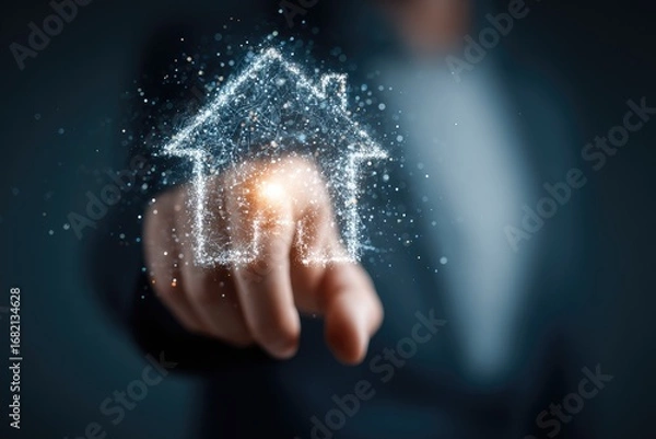 Obraz Hand points at a digital house icon