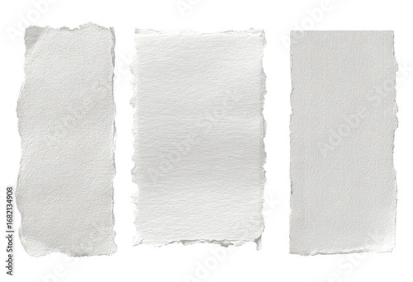 Fototapeta Three detached, rectangular paper pieces, light gray tone, uneven edges