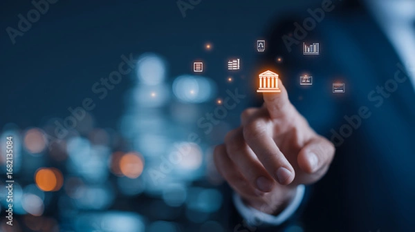 Fototapeta business hand interacting with virtual compliance interface showing legal, regulatory, and data icons on futuristic digital background screen.