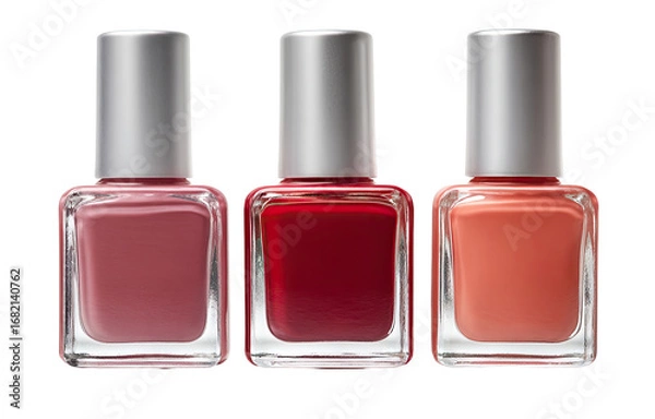 Obraz Three square nail polish bottles, showcasing shades of rose, red, and peach.  Each bottle has a light-gray metal cap, and the clear glass displays the different colored nail polish inside