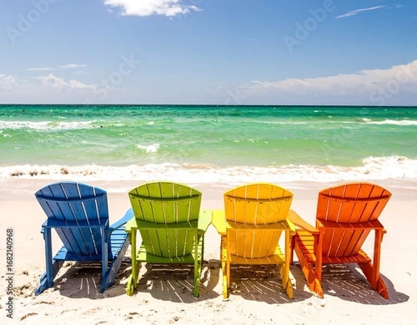 Obraz Colorful beach chairs on sandy shore