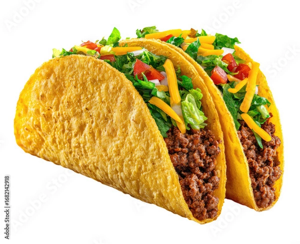Obraz Two tacos, filled with seasoned ground beef, topped with shredded cheese, lettuce, tomatoes, and onions.  Golden-yellow corn tortillas.  Close-up, studio shot