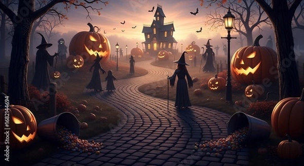 Fototapeta Spooky Halloween Scene with Illuminated Jack-o'-lanterns Witches and Haunted House at Sunset