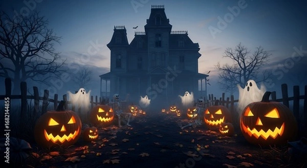 Fototapeta Spooky Haunted House Halloween Scene with Glowing Jack-o-Lanterns and Ghosts at Night