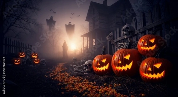 Fototapeta Spooky Halloween Scene with Illuminated Jack-o'-Lanterns and Skeleton Decorations in Dark Haunted Yard